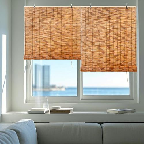 Bambusrollo Sichtschutz Fenster Rollo Schilf Vorhang 50 65 75 80 85 95 100 105 125 140 145 155 160, Raffrollo Sonnenschutzrollos Bambus Inkl Klemmfix Träger, für Balkon/Terrasse/Garten
