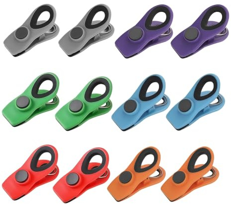 Lot de 12 pinces magnétiques en plastique multicolores pour sacs à goûter