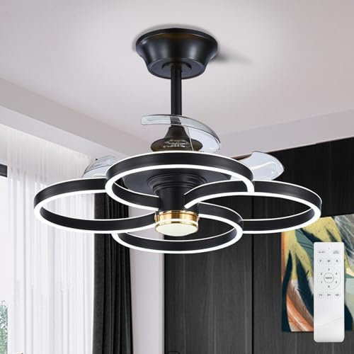 Depuley Fandelier Ceiling Fan with Light: Modern Flower Ceiling Fan Lights with Remote - Black Retractable Fan Light Ceiling for Bedroom, Living Room - Silent DC Motor, 3 Color Change, 25.6