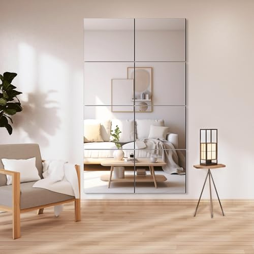 Delma Frameless Mirror Tiles 14x12x8 Pcs Wall Mounted, Shatter Resistant Full Length Tempered Glass Panels for Home Gym Bathroom Bedroom & Living Room Decor