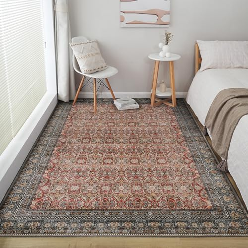 Xfrog Vintage Area Rug 160x230cm Washable Living Room Rug Indoor Non-Slip Print Accent Rugs for Bedroom Distressed Thin Throw Rugs Carpet for Living Room Nursery Red