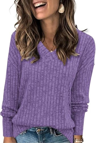 TrendiMax Damen Langarmshirt Herbst Leichte Strickpullover V-Ausschnitt Casual Oberteile Elegant Sweatshirt Loose Fit Tunika Tops (L, Lila)