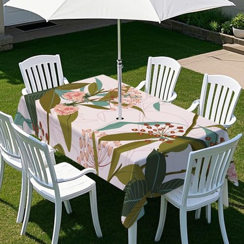 ENEN Rettangolare Tovaglia con Foro per Ombrellone e Cerniera Stampa di Piante Semplici Tovaglia Impermeabile Antimacchia Copritavolo per Outdoor Campeggio Barbecue (Rosa,305x152cm)