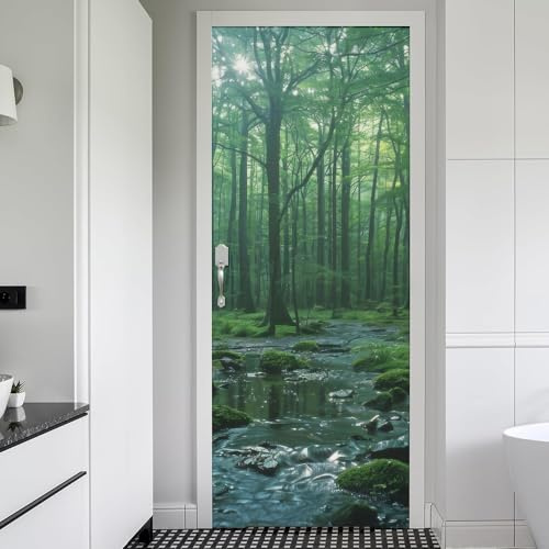 Green River Jungle Froest Tree Moss Landscape Nature Door Stickers Decals Peel and Stick Removable Vinyl Waterproof Self Adhesive Wall Covers Poster for Home Office Decoration 30.3 W x 78.7 H