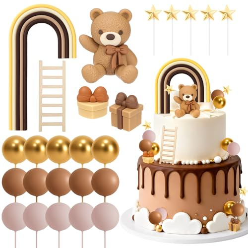 Set med 25 stycken tårtdekorationer, björnar, kakdekoration, med björn, tårtdekoration, regnbåge, stege, presentlådor, stjärntoppar, födelsedagsbollar, brun björn, dekorationstårta för födelsedag, dop