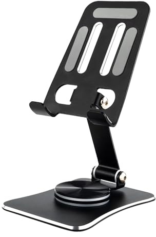 GRIFEMA GB1055 Phone Stand for Desk, 360 Rotating Foldable Phone Holder | Height & Angle Adjustable Phone Cradle, Aluminium Alloy, Compatible with iPhone, Android, Tablet, 3.5-10.5, Black