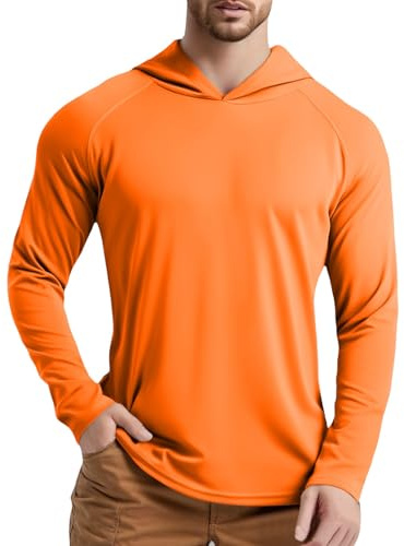 Camiseta con capucha para hombre UPF 50+ con capucha, manga larga, de secado rápido, ligera, con capucha, naranja, 3XL