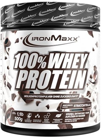 IronMaxx 100% Whey protéine en poudre Stracciatella 500 g – shake protéiné crémeux avec BCAA et EAA, riche en protéines, faible en glucides, réduit en sucre et facile à mélanger
