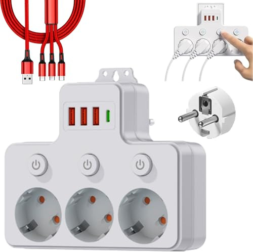 Mehrfachsteckdose Ohne Kabel, 3/4 Fach Intelligente Steckdosenleiste Mit USB-Anschlüssen Mit 3 USB & 1 Type-C, Einzelschaltern, Vielseitig & Sicher (3 Steckdosen(Ohne Kabel))