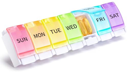 Opret Pill Organiser 7 Day, Weekly Pill Box 1 Times a Day, Push Button Pop Open Design Travel Tablet Organiser with 7 Large Compartments, BPA Free for Vitamins Supplements Medication