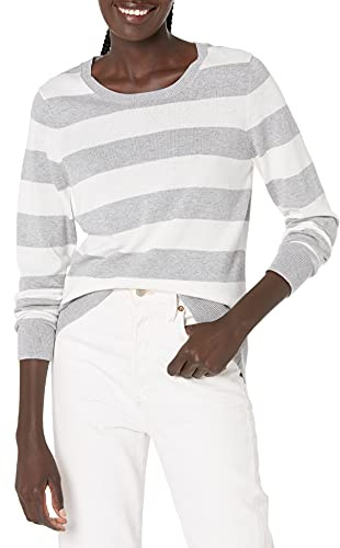 Amazon Essentials Damen Leichter, Langärmeliger Pullover Mit Rundhalsausschnitt (Erhältlich in Übergröße), Hellgrau Meliert Streifen, XXL