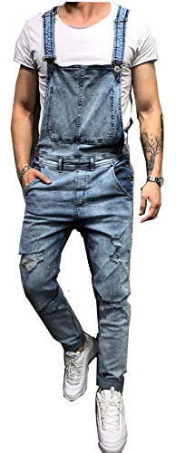 FANSU Herren Jeans Latzhose Overall, Arbeitshosen Lange Jeanshose Retro Denim Arbeitslatzhose Jumpsuit Destroyed Ripped Multifunktion Hose Arbeitskleidung (M,Hellblau)