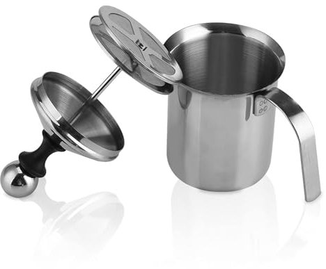 Schiumatore di latte,Brocca per schiuma da caffè 400ML/800ML, montalatte con pompa manuale in acciaio inossidabile con filtro a doppio strato e coperchio per cappuccino Latte Art(400ML)
