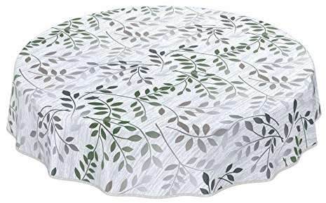 Wachstuchtischdecke abwaschbar Garten Tischdecke Wachstuch Rund Oval Eckig Indoor Outdoor Blätter Silber Grün Rund 120cm mit Saum - Eingefasst