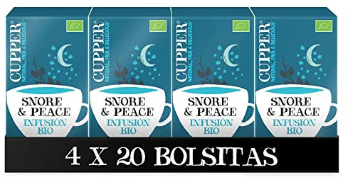 Cupper - Pack de 4 Cajas de 20 Bolsitas de Infusiones Ecológicas Snore&Peace - Propiedades Relajantes - Contiene Manzanilla, Melisa y Lavanda - Apto para Veganos