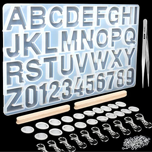 LEOBRO Epoxidharz Silikonform Buchstabe, Gießharz Formen Set, Alphabet Anzahl Schmuck Epoxidharz Silikonform mit Schlüsselanhänger, Buchstabenformen für Resin, DIY Basteln Anhänger Hausnummer