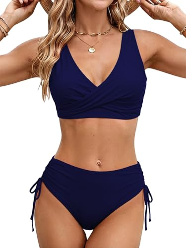 Bañadores Mujer Trajes de Baño de Dos Piezas Bikini Brasileño Mujer Cintura Alta Bikini 2 Pieza Talle Alto Correas Laterales Cuello V Push Up (Azul Marino, L)
