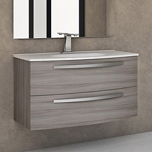 Yellowshop - Mobile bagno sospeso curvo 100 cm 2 cassetti con lavabo e specchiera led mod. Stella Larice (Mobile con lavabo)