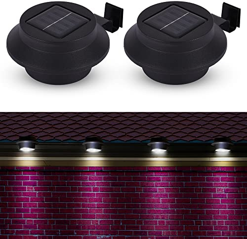 ASAB Solar Powered Gutter LED Lights. Outdoor Garden, Fence, Patio Solar Lights. White LED Bulbs. Auto ON/Off, Weatherproof, Water Resistant (Black, 2 Lights)
