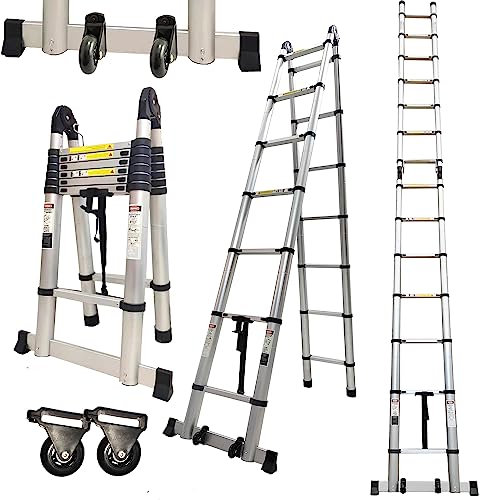 Hooha 5,8M Aluminium Teleskopleiter 2-in-1 Teleskop Ausziehleiter Mit Rad, (2,9+2,9m) Klappleiter Mehrzweckleiter Ausziehleiter, 150 kg Belastbarkeit EN 131 Zertifikat