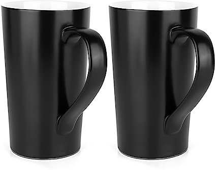 Linkidea Set di 2 tazze da caffè e tè extra large in ceramica con manici, tazze da tè di grande capacità per latte, birra, cacao caldo, microonde e lavastoviglie, colore nero