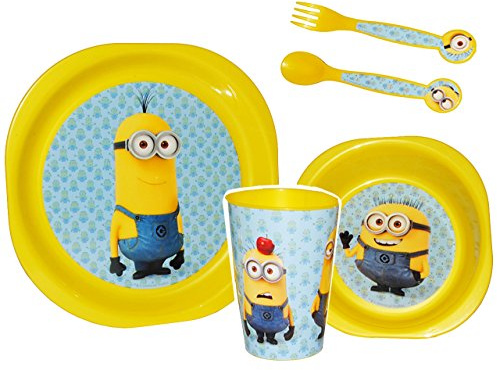 alles-meine.de GmbH 5 TLG. Set Kindergeschirr - Minions Ich einfach unverbesserlich - aus Kunststoff/Plastik bruchsicher - Trinktasse + Teller + Müslischale + Besteck - Min..