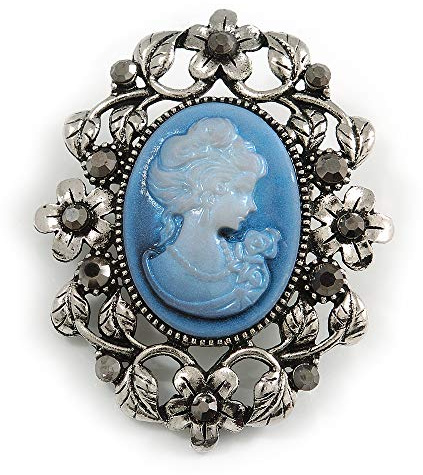 Broche vintage en hématite et strass bleu camée ton argent vieilli – 55 mm de long, taille unique, Plastique, diamante