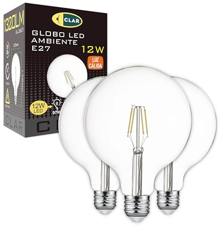 CLAR- Lampadina a globo e27 LED, vintage G125 filamento, 12W Luce Calda 2700ºK (Pack 3)