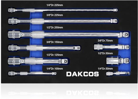 DAKCOS 9 delar wobble förlängare set, 1/4 tum 3/8 tum 1/2 tum vippratchet Förlängningsstycken för hylsnycklar, CR-V stål