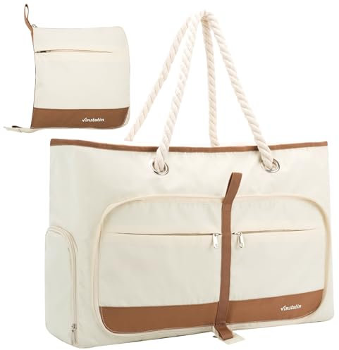 Vinstatin Strandtasche Damen Groß,Leichte Vielseitiger Damen Shopper mit Reißverschluss,Wasserdicht Schwimmtasche Tragetasche，Saunatasche,Tote Bag für Strand Reisen-Familie