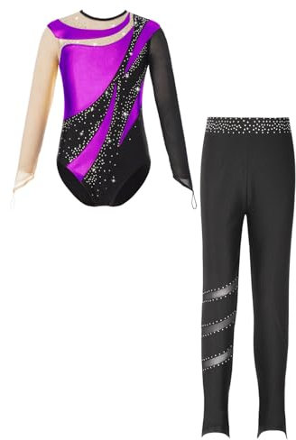iiniim Mädchen Turnanzug Glitzer Langarm Gymnastikanzug mit Hose Gymnastik Leotard Trikotanzug Akrobatik Wettbewerb Tanzkostüm Lila 170-176