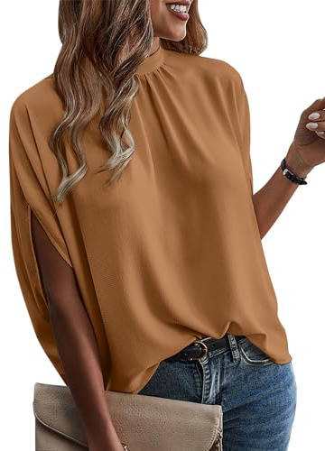 ONAYEYO Damen Elegant Bluse Casual Lose Tunika Shirt Hinten Schnüren Verspotten Nacken Dolman-Ärmel Oberteil T Shirt Sommer Einfarbig Top (M, Hellbraun)