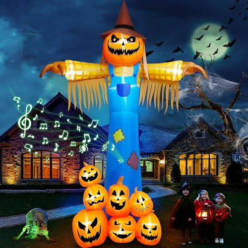 Kalolary 3,8M Halloween Gonflables Decoración Citrouille Épouvantail avec LED et Son Effrayant Halloween Citrouille Fantôme Gonflable pour Fête d'halloween, Cour, Jardin, Décorations de Pelouse