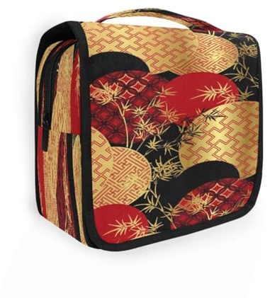 Hanging Travel Toiletry Bag Red Black Gold Bamboo Plant for Women Men Girls, Japanese Chinese Art Waterproof Makeup Cosmetic Wash Organizer Bag for Travel Essentials