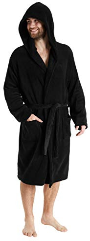 CityComfort Herrmorgonrock, sjalkrage eller badrock med huva, supermjuk fleece mysig mysig myskläder vuxna tonåringar – gåvor till honom, Svart huva, 3XL