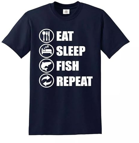 Trend Gear Eat Sleep Fish Repeat T-shirt rolig fiskare gåva topp t-shirt, Marinblå T-shirt vitt tryck, L
