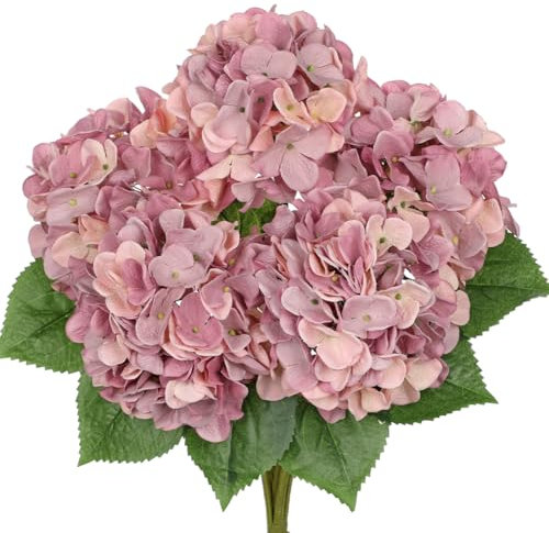 Hollyone Ramo de hortensias artificiales de color morado rosado claro, ramo de hortensias falsas de seda sintética para decoración del hogar, arreglos florales, bodas, ramos de flores, decoración de