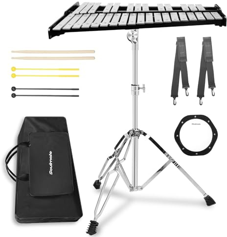 Soulmate Professional Glockenspiel Xylophone 32 Notes with Drum Pad, Complete Percussion Kit for Adults & Beginners Adjustable Stand, Drum Sticks, Carrying Bag - Ideal for Practice & Performance