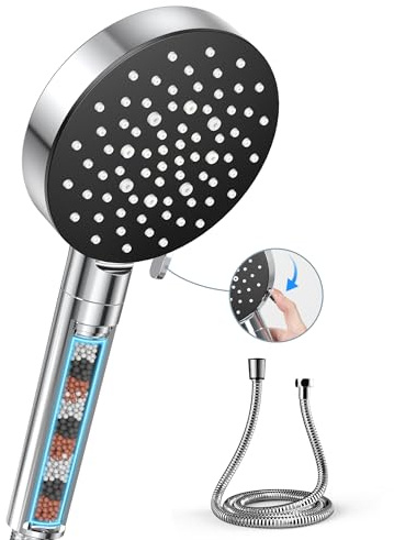 VOXON Shower Head and Hose 1.6M, Three-Layer Filter Stone, 6 Water Flow Modes, One-Handed Adjustment, Filtered Showerhead, Universal High Pressure Shower Head and Hose, Silicone Nozzle Easy to Clean