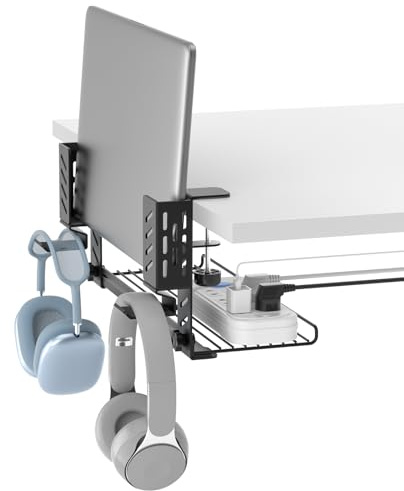 KDD 3 en 1 Soporte Portatil Mesa, Ajustable Almacenamiento Lateral de Escritorio con Organizador de Cables, Colgador de Auriculares, sin Taladrar Soporte Portatil Vertical para Portátil/Auriculares