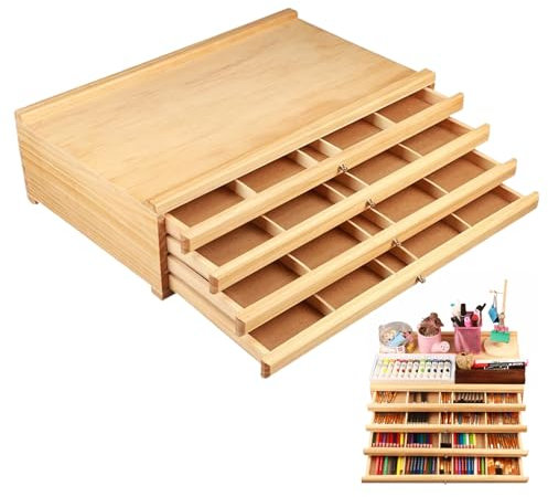 Scatola Porta Pennelli, Scatola Organizer in Legno Per Forniture Per Artisti Con 4 Cassetti Rimovibili, Scatola Portaoggetti Premium in Pino Per Matite, Penne, Pennelli e Materiale Artistico