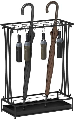 HOMCOM Regenschirmständer Stahl mit 24 Haken, 50 x 24 x 68 cm Schwarz | Schirmständer, Rechteckiger Schirmhalter, 21 Löchern, Herausnehmbare Wasserauffangschale, für Gehstöcke & Regenschirme