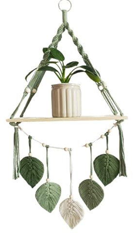 Swtgaah Makramee Holz Wandregal 90cm Pflanzenregal für Bücherregal (Grün)