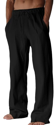 BUXKR Men's Linen Pants Beach Casual Cotton Summer Lightweight Elastic Waist Drawstring with Deep Pockets Black