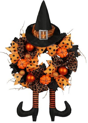 Briful Halloween Türkranz 40 cm – Künstlicher Gruselkranz Tinsel Hexenkranz mit Hut & Beinen Spinne, Kürbis – Schwarze Herbst Türdeko für Halloween Party, Haustür, Fenster & Wand