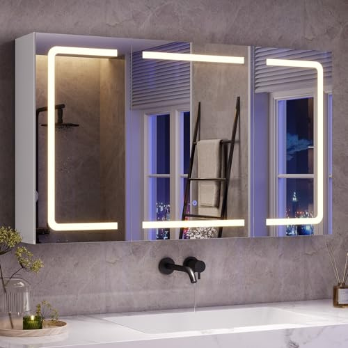 mojiasion Armario de Baño con Espejo LED 100 cm Ancho｜Toma de Corriente + 3 Temperaturas Color｜Dimmable con Sensor Táctil｜60×100×16 cm (Al×An×Fo)｜3 Estantes Ajustables｜Blanco