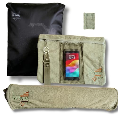 After5Hub Sporthandtuch Fitness Handtuch mit Magnet-Fixierung & Handyfach 100x40cm Gym aus Premium Baumwoll-Mix Militär Grün inkl. Tasche - Gym Zilla