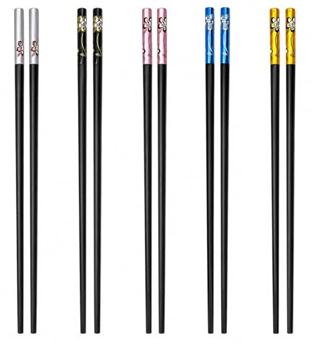 5 Pairs Fiberglass Chopsticks, Metal,Reusable,Non Slip Fancy Chop Sticks Dishwasher Safe Set for Sushi Noodles Rice