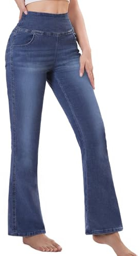 Chasehot Jeans Donna Vita Alta, Jeggings a Zampa Elefante Elasticizzati con Tasche Flare Leggins Bootcut Curvy Push Up Pantaloni Stretch, ScuroLavato​-L-31 Inseam
