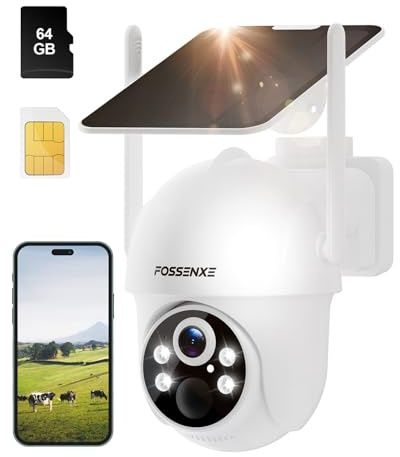 FOSSENXE 4G LTE Überwachungskamera Aussen Solar mit SIM Karte + 64GB Kartenspeicher - 2K HD 4MP PTZ Solar Kamera Outdoor Kabellose, Automatische Nachverfolgung, Farb-Nachtsicht, IP66 (Ohne WLAN)